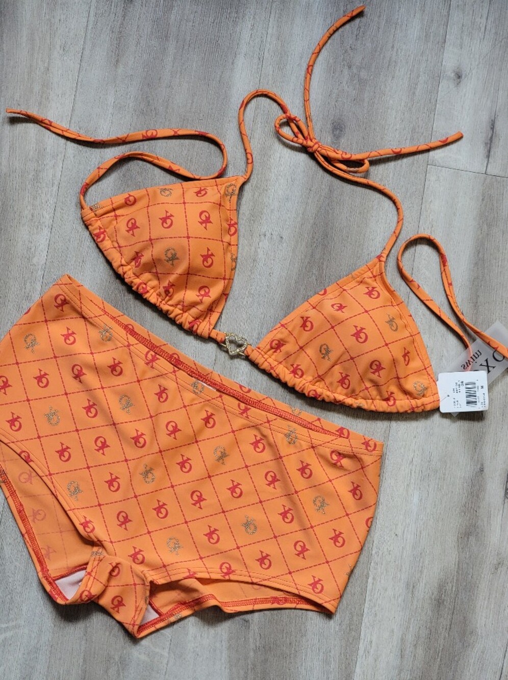 NWT XOXO Miwa 2-Piece Bikini Set Orange Monogram High Waisted Boy Cut Medium
